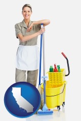 california map icon and a woman cleaning house
